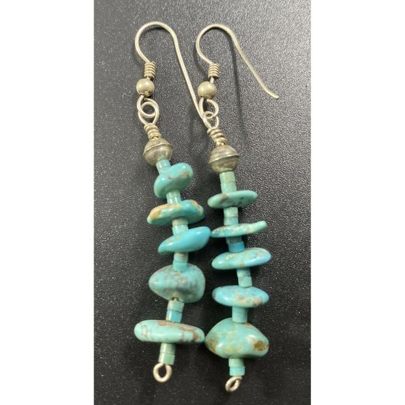 Vintage Sterling Silver Turquoise Nugget Earrings Hook Dangle Fine Pierced - Picture 5 of 6